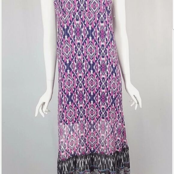 NWT Womens Size XS Express Pink Purple Tribal Geometric Boho Peasant Maxi Dress  - Picture 2 of 9